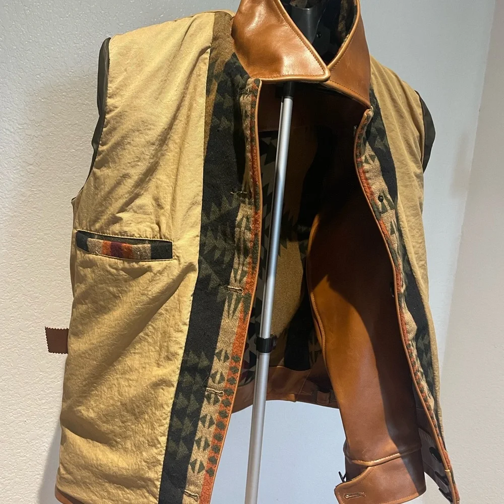 Men's Tan Leather & Patterned Wool Panel Jacket